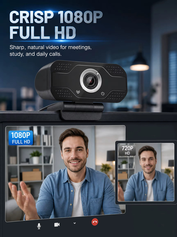 Full HD 1080P Webcam mit Mikrofon in Schwarz für Online-Unterricht, Videoanrufe und Streaming via USB - Bild 3