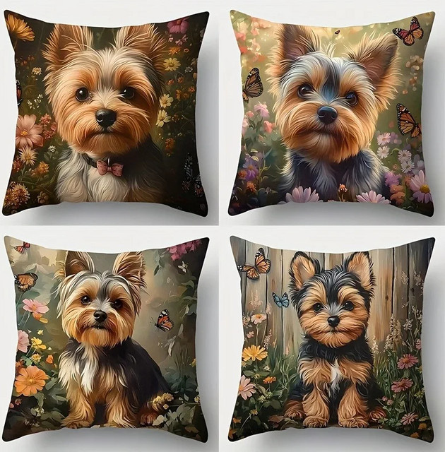 VIKAMA Yorkshire Terrier Kissenbezug mit floralem Garten-Design, quadratisch, Mehrfarbig, B/B/H: 40 x 40 x 40 cm - Bild 1