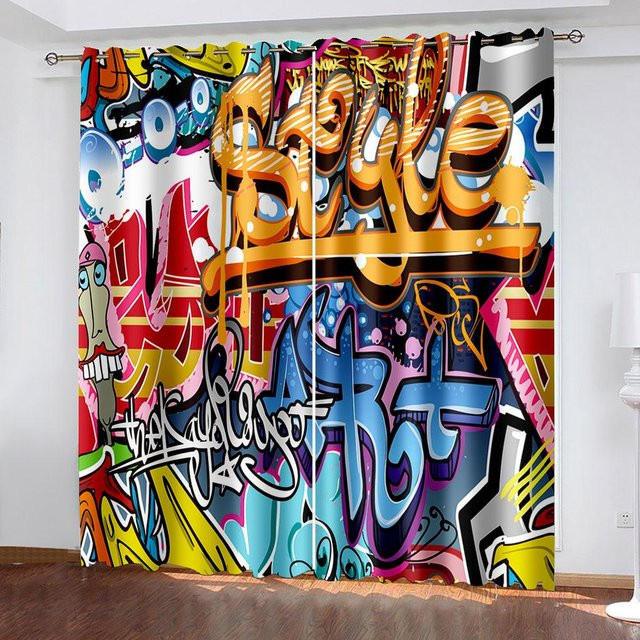 Abstrakter Graffiti Vorhang mit 3D-Digitaldruck für Wohnzimmer und Schlafzimmer, halbtransparent, Multicolour, B: 173 cm, H: 214 cm - Bild 1