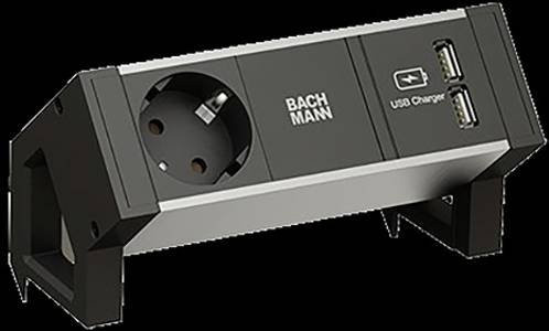 Bachmann DESK 2 ALU BLACK Steckdosenleiste in Schwarz und Grau mit 1x CEE 7/3 und 2x USB-A Anschlüssen - Bild 1