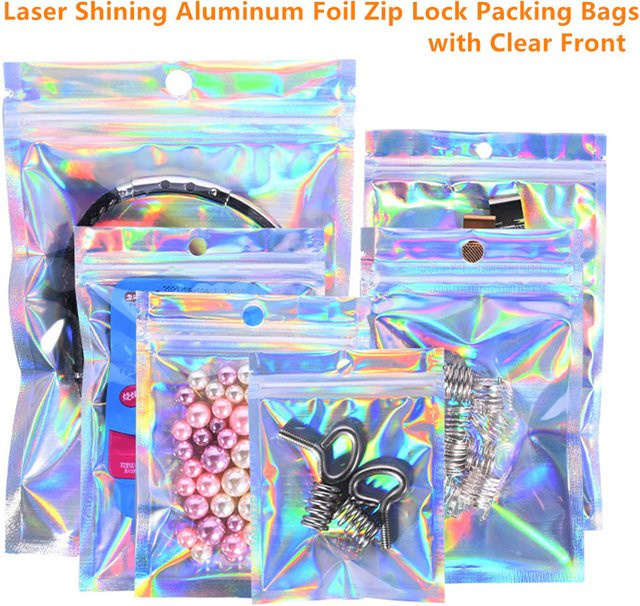 100 Stück NIWEISEN holografische Aluminiumfolienbeutel mit Reißverschluss, transparente laserglänzende Selbstdichtbeutel in Multicolour - Bild 1