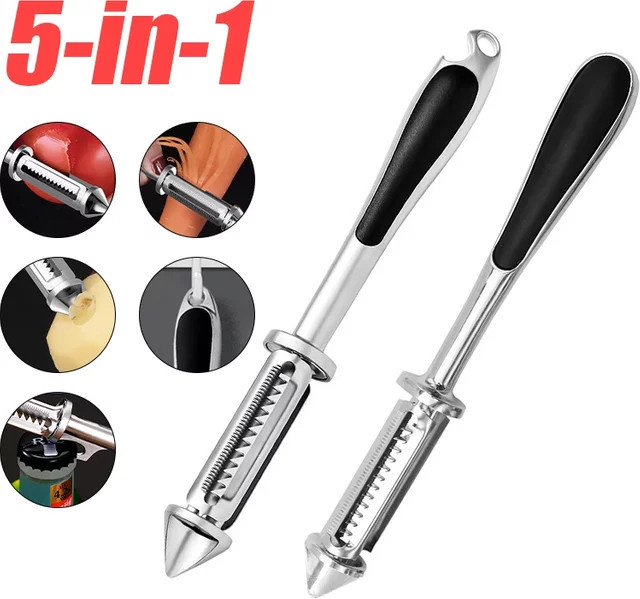 Multifunktionaler 5-in-1 Obst und Gemüse Schäler mit Reibefunktion aus Zinklegierung und Edelstahl in Silber - Bild 1