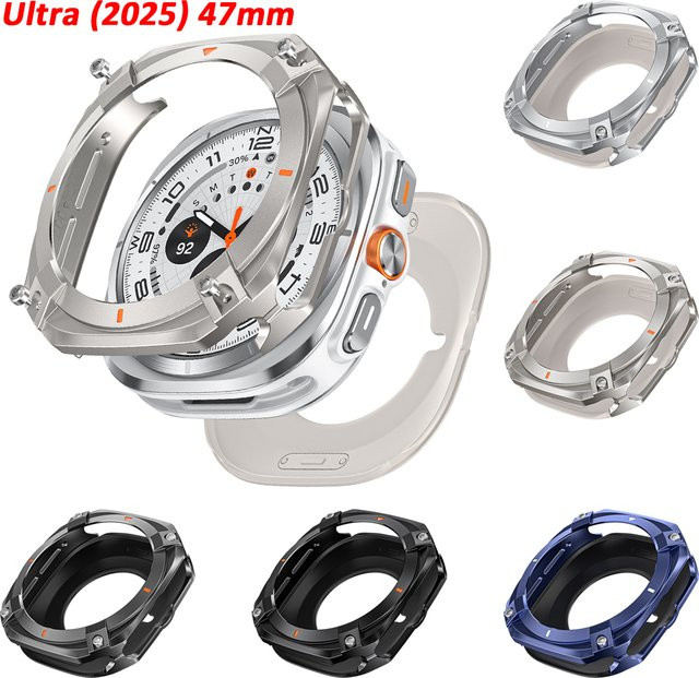 CAOWTAN Schutzhülle für Samsung Galaxy Watch Ultra, 47 mm, Edelstahl, Silikon, Schwarz Weiß, Unisex - Bild 1