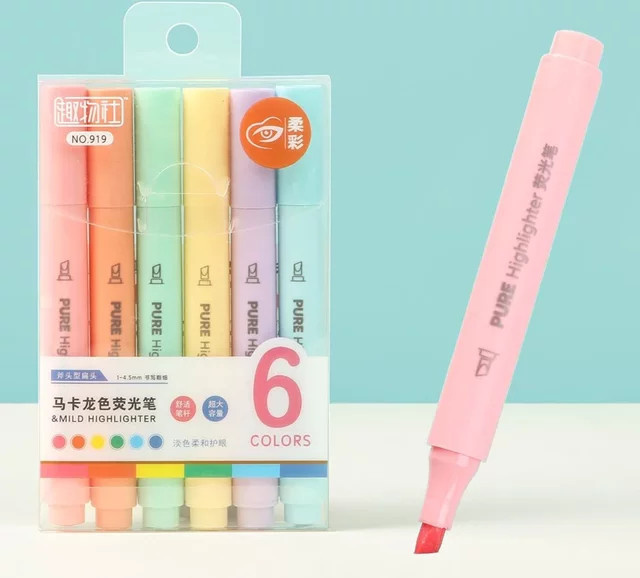 6er Set Macaron Textmarker in Pastellfarben mit Keilspitze für Schule und Zeichnungen - Bild 1