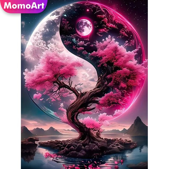 Momoart DIY Diamantmosaik Set Baum Landschaft mit Mond, Acryl Handwerk für Erwachsene, Pink - Bild 1