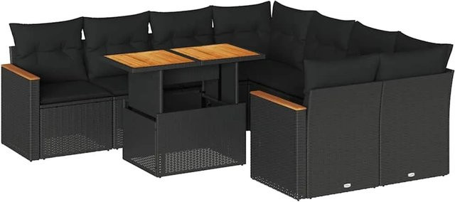 vidaXL 9-tlg Garten-Sofagarnitur in L-Form aus schwarzem Poly-Rattan mit Kissen und Akazienholz - Bild 1
