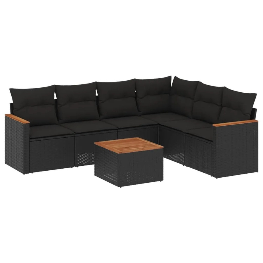 vidaXL 7-tlg Garten-Sofagarnitur aus Poly Rattan und Akazienholz in Schwarz mit Kissen - Bild 2