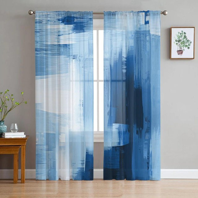 Transparenter Tüllvorhang mit blauer abstrakter Malerei von A Family Of Home Textiles, Breite: 135 cm, Höhe: 183 cm - Bild 1