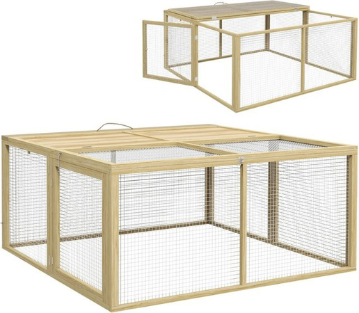 PawHut Kaninchenstall aus Holz mit Freilaufgehege, klappbar, Natur, B/T/H: 120 x 120 x 57 cm