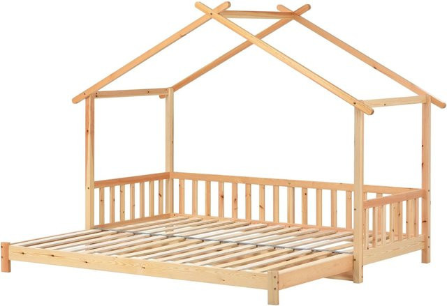 okwish Kinderbaumhausbett aus Kiefernholz mit Ausziehbett in Natur und Braun, B/T/H: 200 x 90 x 182 cm - Bild 1