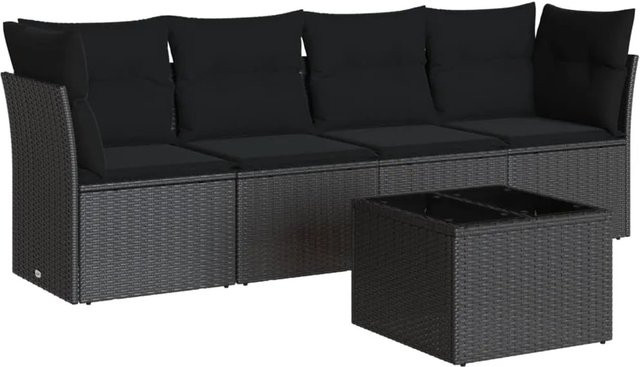 vidaXL 5-tlg. Garten-Sofagarnitur in L-Form aus Polyrattan mit Tisch und Kissen, Schwarz - Bild 1