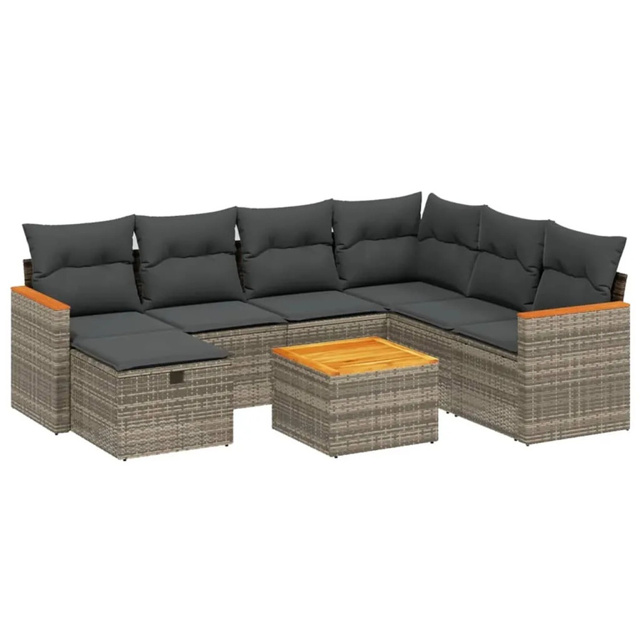 vidaXL 8-teilige Garten-Sofagarnitur in L-Form aus grauem Poly-Rattan mit Kissen und Akazienholz-Elementen - Bild 2