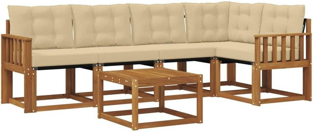 vidaXL Outdoor-Sofagarnitur 6-teilig aus Akazienholz und Textilene in Natur-Beige mit Kissen und Armlehnen - Bild 1