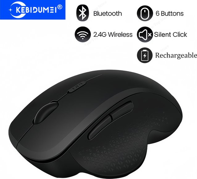 Kebidumei Dual-Modus Bluetooth und 2,4G Funkmaus, ergonomische 6-Tasten Gaming Maus mit 400 mAh Akku, lautlose Maus in Schwarz - Bild 1