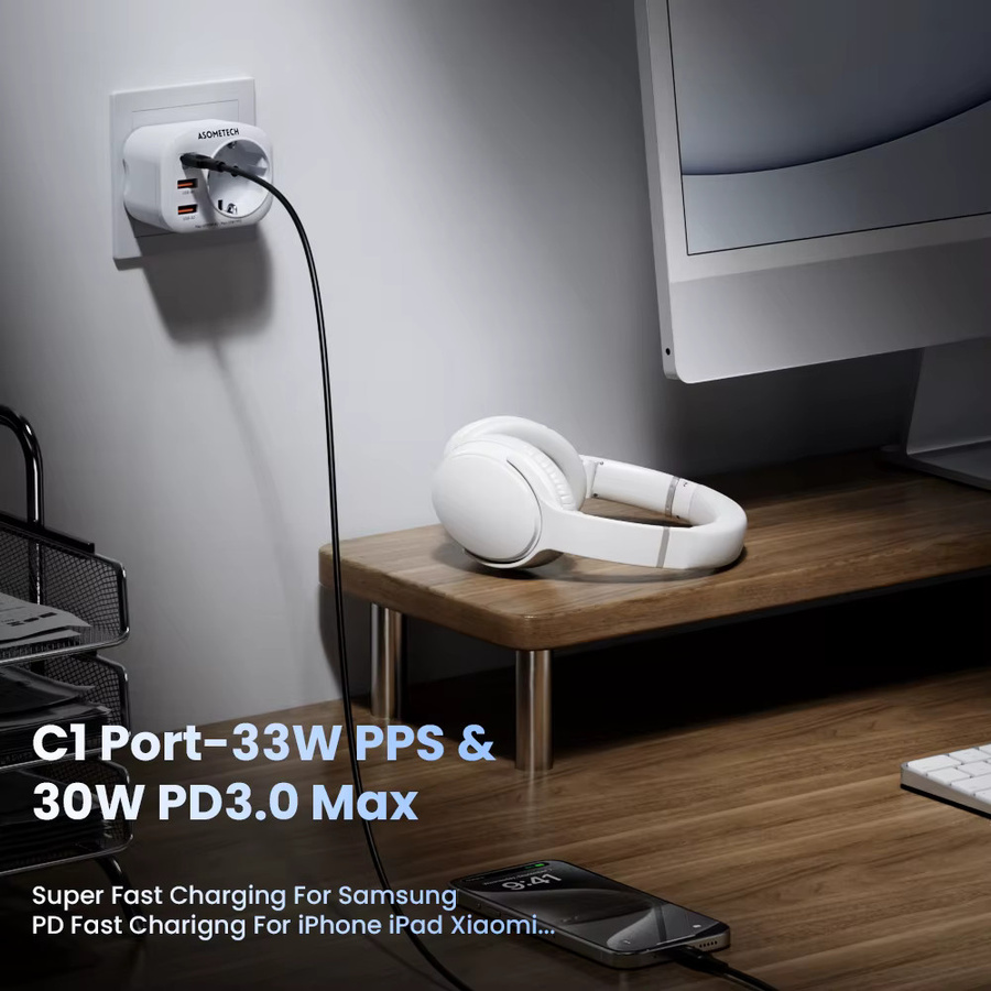ASOMETECH 33 W GaN Ladegerät mit USB-C und 4000 W AC Steckdose in Weiß für iPhone 15 und Samsung - Bild 4