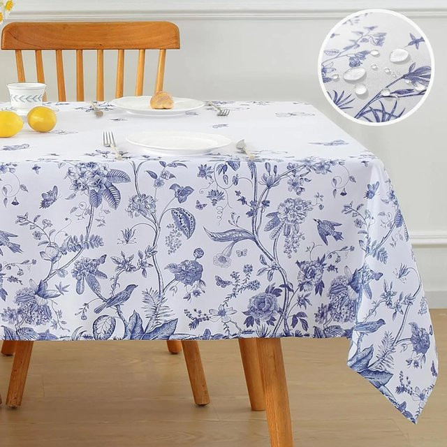 Wasserdichte und waschbare Tischdecke von JMG Household Supplies mit floralem Muster in Blau und Weiß, rechteckig, B: 140 cm, T: 180 cm - Bild 1