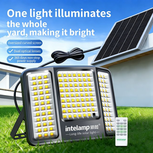 Intelamp Solar-Flutlicht für Außenbereich mit 4500 Lumen, LED Solarlampe mit 3-Farben-Modus und Fernbedienung, wasserdichte Gartenlampe für Wand und Hof - Bild 1