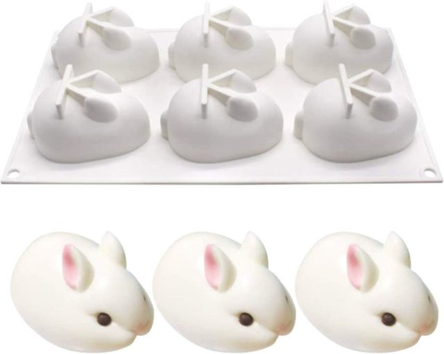 Silikon-Backform mit 6 Mulden für Hasen, Fondant, Schokolade und Desserts in Weiß - Bild 1