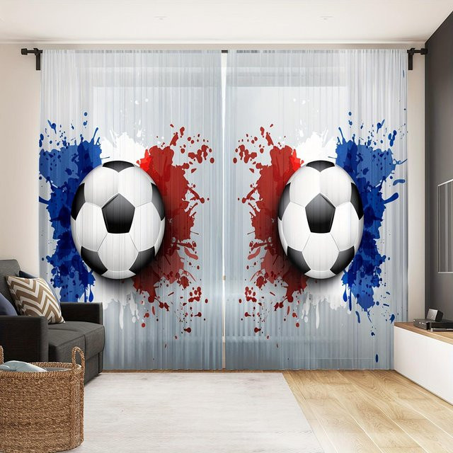 2er-Set Yiran Furniture Fußballverein Fenstervorhänge aus Polyester, halbtransparent, mehrfarbig, B: 60 cm, H: 50 cm - Bild 1