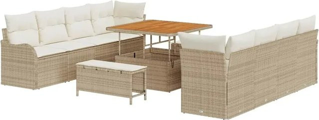 vidaXL 11-teiliges Garten-Sofaset aus Poly Rattan und Akazie mit Kissen in Beige - Bild 1