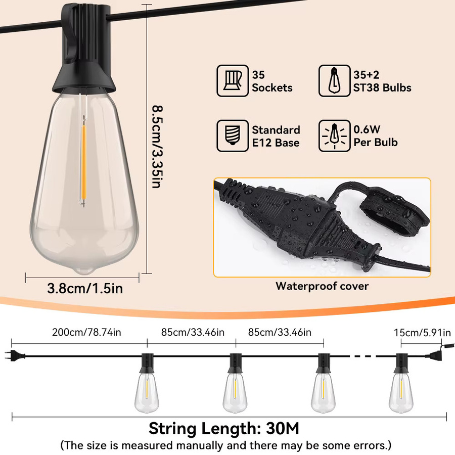 Arbrac ST38 LED-Außenlichterkette wasserdicht und bruchsicher, 2200K Warmweiß, 18m oder 30m Länge - Bild 5