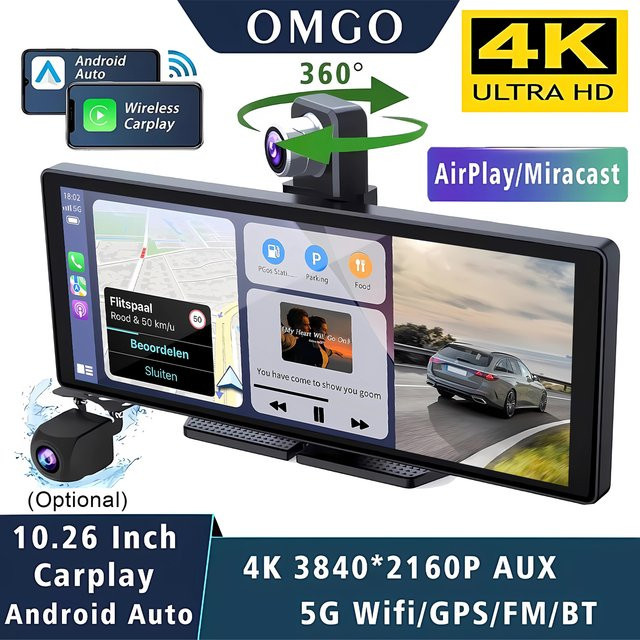 OMGO 4K Dashcam mit 10,26 Zoll Display, Carplay und Android Auto, Dual-Objektiv Fahrtenschreiber mit GPS, 5G WLAN und Bluetooth, Schwarz - Bild 1