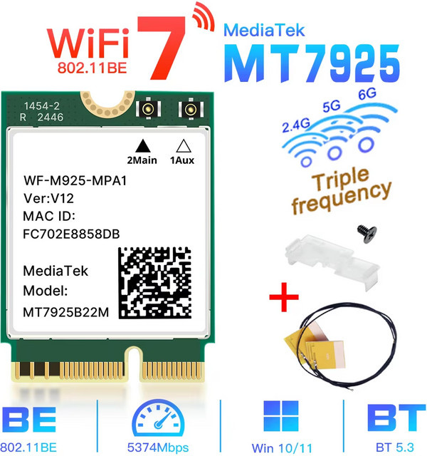 Fenvi WiFi 7 MT7925 Netzwerkkarte mit Bluetooth 5.4, M.2 NGFF Wireless Adapter, 5400Mbps Tri-Band 2.4G/5G/6GHz, kompatibel mit Windows 10/11, Farbe: Grün - Bild 1