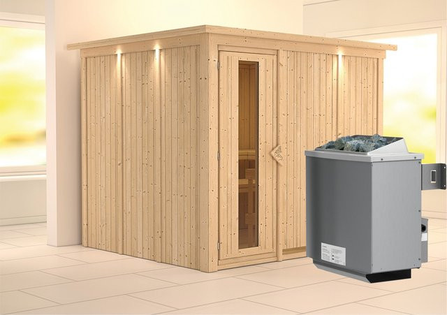Karibu Sauna Gunda mit Ofen, integrierter Steuerung und LED-Dachkranz in Natur Braun - Bild 1