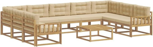vidaXL Outdoor-Sofagarnitur in U-Form aus massivem Akazienholz mit 10 Kissen in Weiß und Beige - Bild 1