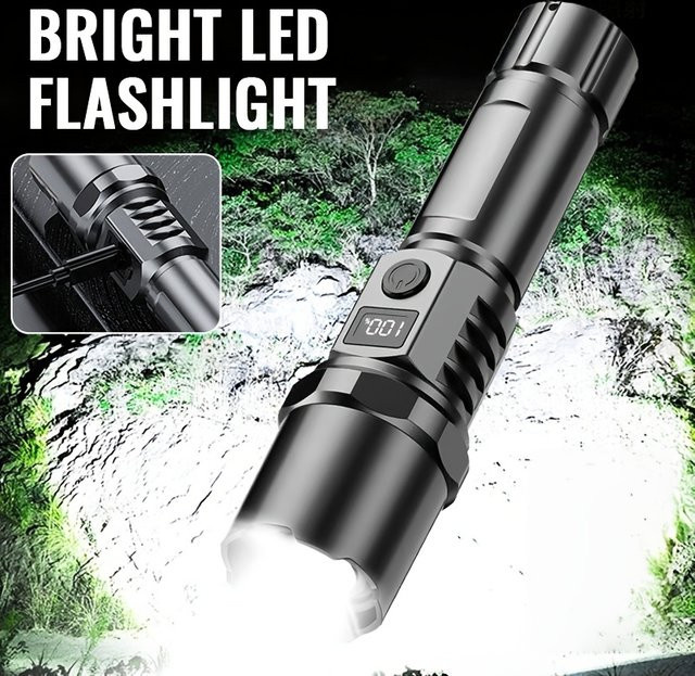 KDULIT LED Taschenlampe aus Aluminium in Schwarz, wiederaufladbare Hochleistungs-Taschenlampe mit Digitalanzeige und Zoom für Camping, Outdoor und Notfälle - Bild 1