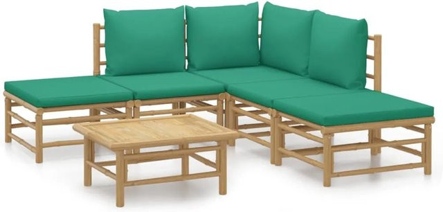 vidaXL 6-tlg Garten-Lounge-Set aus Bambus mit grünen Kissen, L-Form, modern - Bild 1
