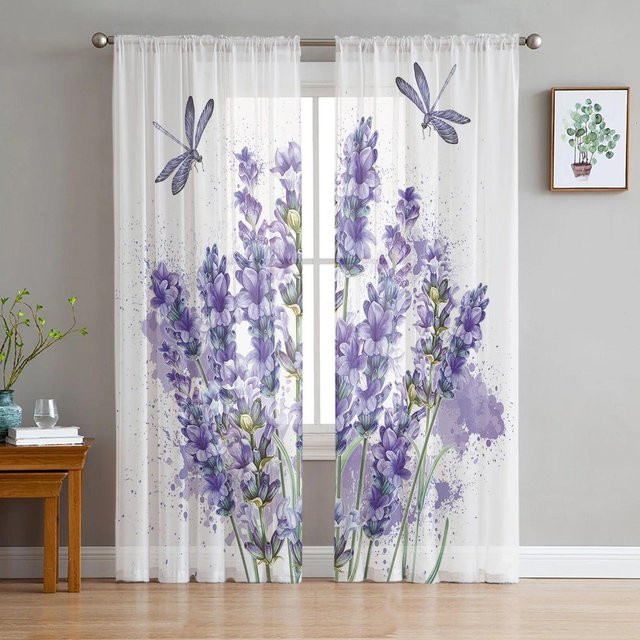 A Family Of Home Textiles Lavendel Voile Gardine mit Blumenmuster in Lila, Chiffon Tüll Vorhang für Wohnzimmer und Schlafzimmer, Breite: 135 cm, Höhe: 114 cm - Bild 1
