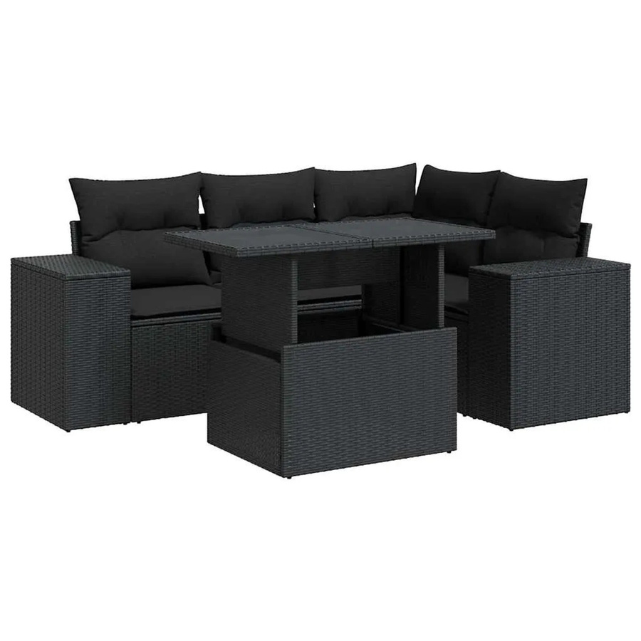 vidaXL 5-tlg. Garten-Sofagarnitur in L-Form aus schwarzem PE-Rattan mit Kissen und pulverbeschichtetem Stahlgestell - Bild 2