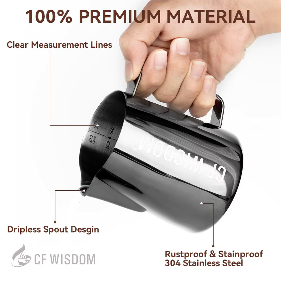 CF Wisdom Espresso-Milchaufschäumkrug mit Krokodil-Auslauf-Design aus Edelstahl, 600 ml, Schwarz/Silber - Bild 5