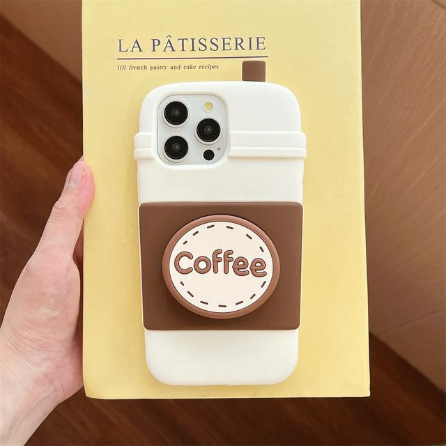 Stoßfeste Silikon Handyhülle mit 3D-Kaffeebecher-Design und Faltständer für Apple iPhone 13 in Weiß - Bild 1