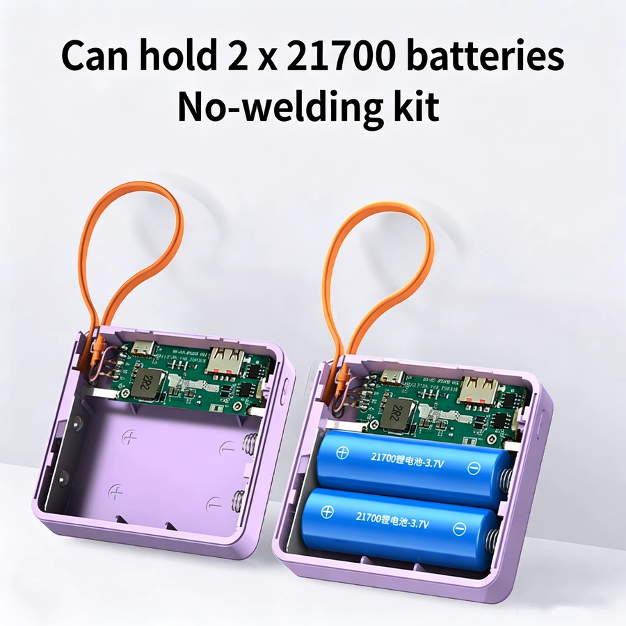 KEBIDU DIY Powerbank-Gehäuse mit 22,5W Schnellladung, USB Typ C und QC3.0, weiß, für 2x 21700 Akkus, lötfreie Batteriebox inklusive Ladekabel - Bild 1