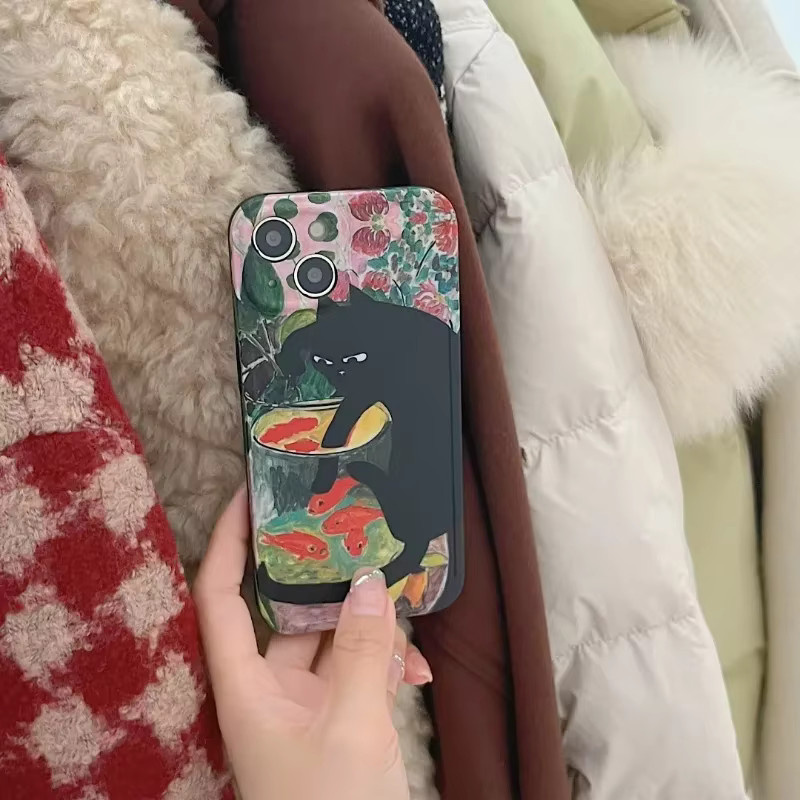 Retro Ölgemälde Schwarze Katze Silikon Handyhülle für iPhone 11 bis 17 Pro Max mini SE, Schwarz/Mehrfarbig - Bild 4