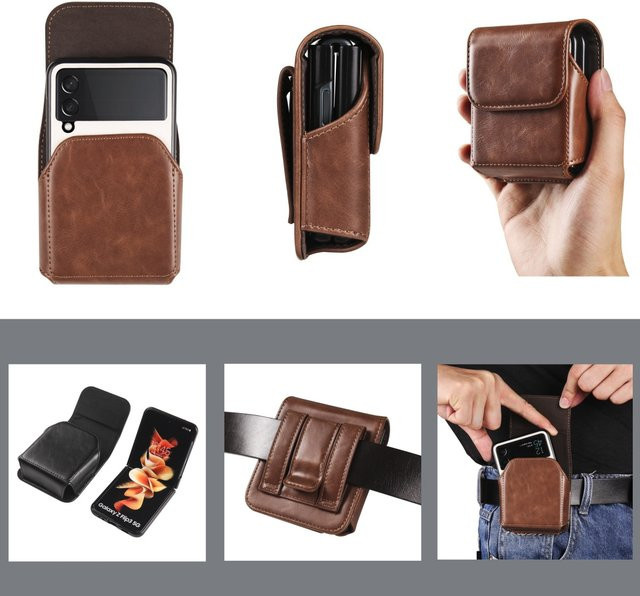 Leder-Gürtelclip-Hülle als Hüfttasche für Samsung Galaxy Z Flip 7 6 5 4 3 5G und Moto Razr 60 50 40 in Braun - Bild 1