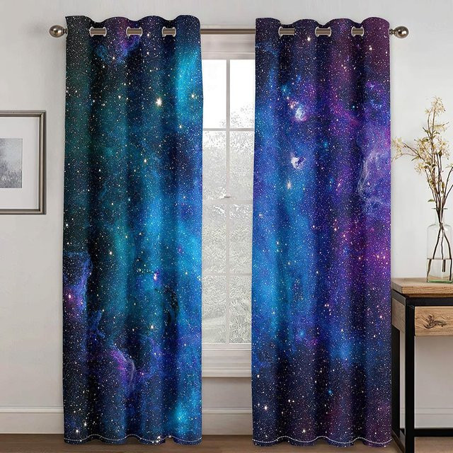 A Family Of Home Textiles Galaxie Weltraum Vorhänge mit Sternen-Motiv, Blau, semi-transparent, 2 Stück, B: 100 cm, H: 160 cm - Bild 1
