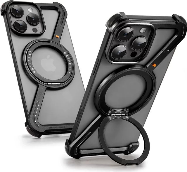Oatsbasf Handyhülle für iPhone 16/15/14/13 Pro Max mit Magsafe und 360 Grad drehbarem magnetischem Metallständer, rahmenlose Schutzabdeckung in Titanium Black - Bild 1