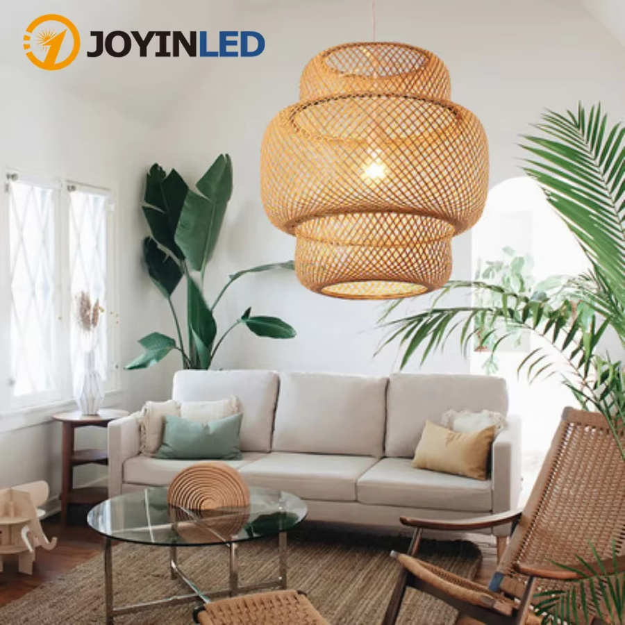 JOYINLED Klassischer Kronleuchter aus Bambus und Rattan in Braun mit warmweißem Licht - Bild 2