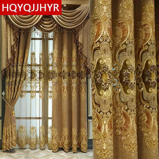 HQYQJJHYR Blackout Vorhang mit Chenille-Stickerei und floralem Design, thermoisolierend, Farbe: Schwarz, Weiß, Gold - Bild 1