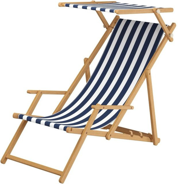 Erst-Holz Holz-Liegestuhl mit Sonnendach und verstellbarer Kopfstütze, Farbe Blau-Weiß gestreift - Bild 1