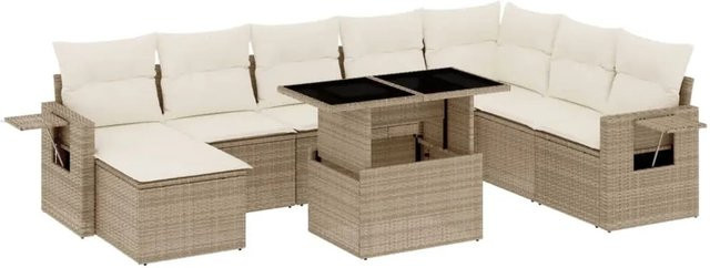 vidaXL 9-teilige Garten-Sofagarnitur in L-Form aus Poly-Rattan mit Kissen in Beige-Creme - Bild 1