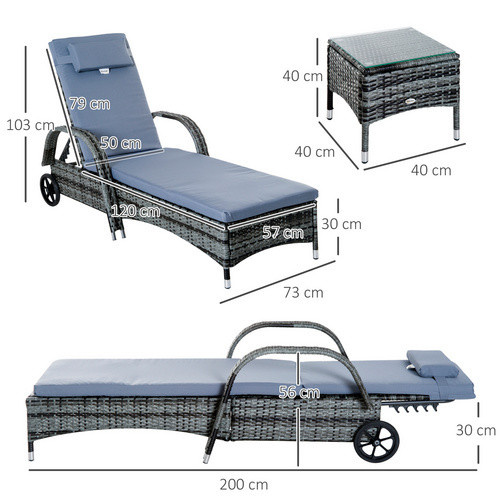 Outsunny Gartenmöbel 3er-Set aus Polyrattan mit Tisch und wetterfesten Auflagen, Grau, B/H/T: 200 x 30 x 73 cm - Bild 8