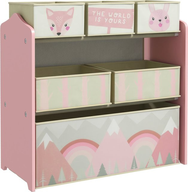 ZONEKIZ Kinderregal mit 6 herausnehmbaren Aufbewahrungsboxen aus Vliesstoff, Spielzeugregal und Bücherregal für Kinderzimmer, Kindergarten und Spielzimmer, Rosa, B/T/H: 63 x 30 x 66 cm - Bild 1