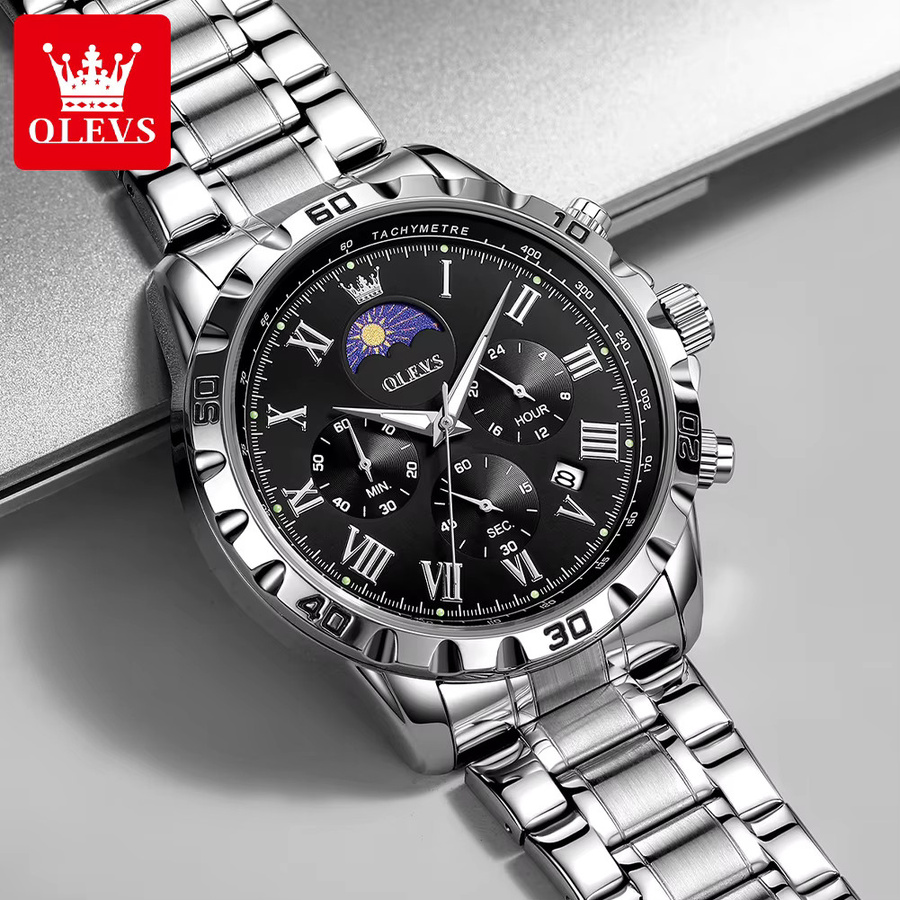 OLEVS Armbanduhr, Quarz, Chronograph, Edelstahl, Schwarz, Silber, Herren - Bild 3