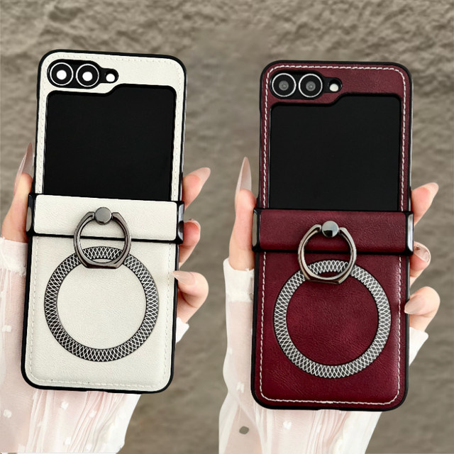 MagSafe Handyhülle aus Rindsleder-Textur für Samsung Galaxy Z Flip 7 6 5 4 3 mit Metall-Fingerring-Ständer in Braun - Bild 1