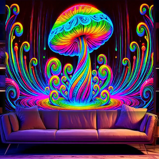 VIKAMA Neon Regenbogen Pilz Wandteppich in Multicolour als psychedelische Wanddekoration für dein Wohnzimmer oder Sofa, B/H: 60 x 40 cm - Bild 1