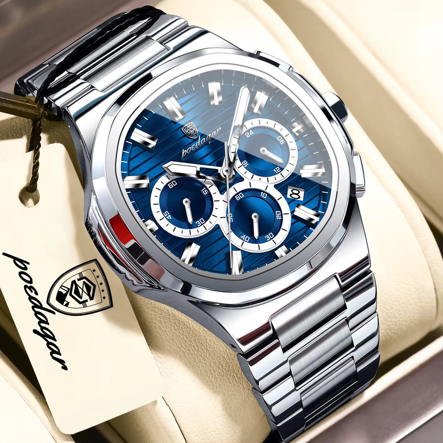 POEDAGAR Chronograph, Quarz, Edelstahl, Blau, Herren - Bild 2